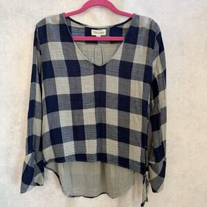 Cloth & Stone Anthropologie Top Womens Size Large Blue Knotted High Low Plaid